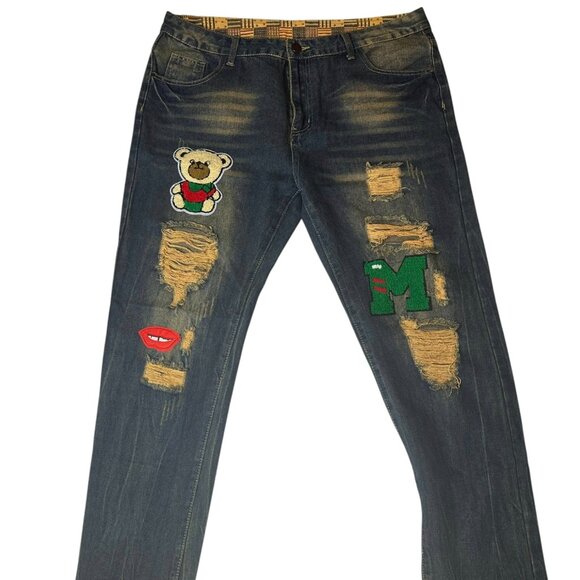 Distressed Slim Straight Jeans denim Patch Ripped Size 38 Lips Bear  Soft  jeans - Picture 1 of 10